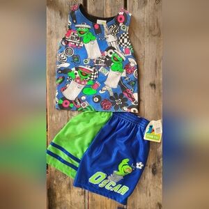 VINTAGE SESAME STREET SZ 4T NWOT 2pc ROYAL BLUE w/ BABY OSCAR THE GROUCH FAN
